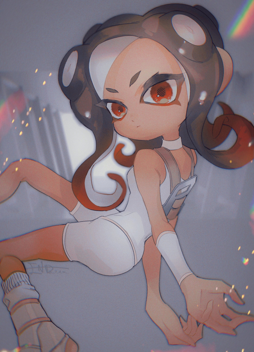 1girl :| absurdres arm_warmers arms_behind_back artist_name bare_shoulders black_hair bodysuit breasts choker closed_mouth end_(7_d_w) gradient_hair highres hip_bones long_hair looking_at_viewer multicolored_hair octoling octoling_girl pantylines red_eyes red_hair single_arm_warmer sleeveless sleeveless_bodysuit small_breasts socks solo splatoon_(series) splatoon_3 splatoon_3:_side_order stirrup_legwear suction_cups tentacle_hair toeless_legwear twitter_username two-tone_hair v-shaped_eyebrows white_bodysuit white_choker white_socks zipper