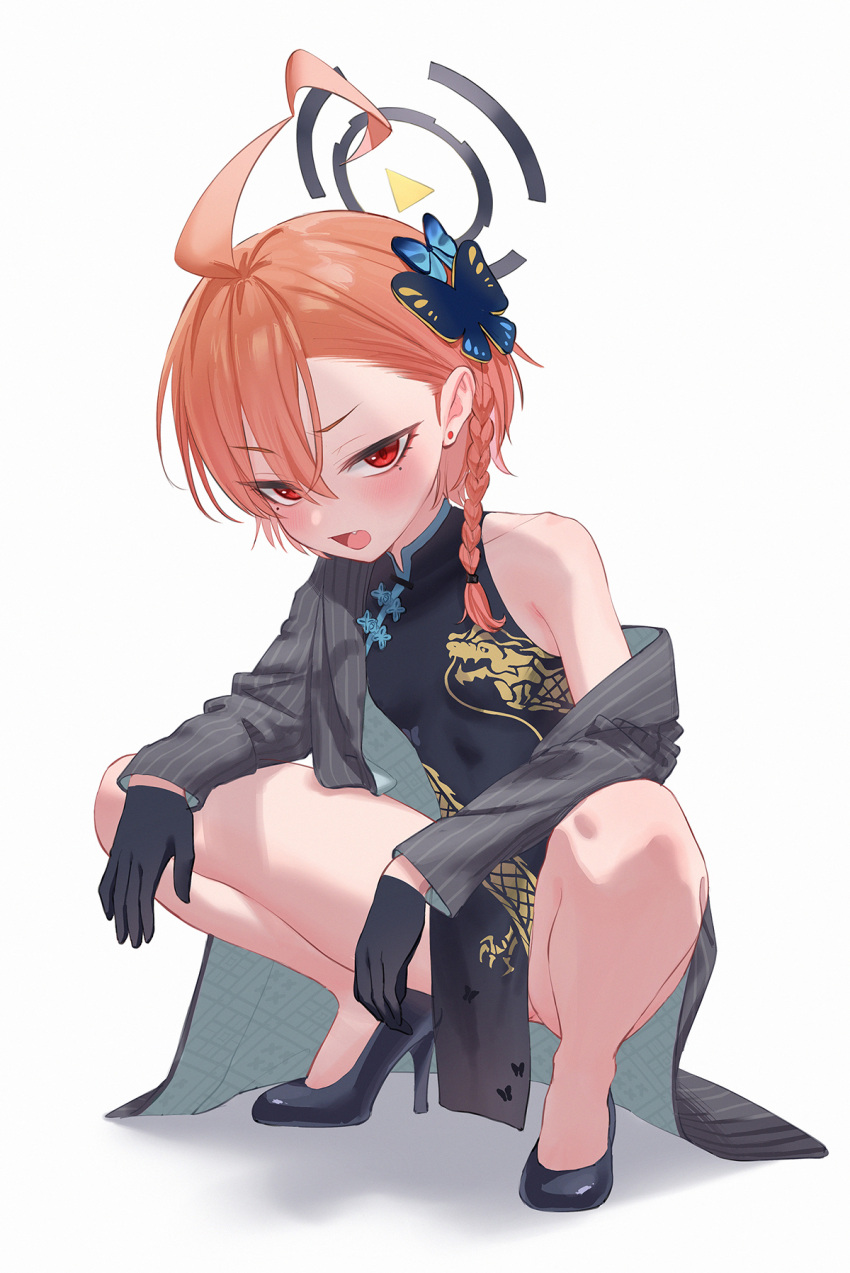 1girl ahoge armpit_crease bangs bare_legs bare_shoulders black_footwear black_gloves blue_archive blush braid breasts butterfly_hair_ornament china_dress chinese_clothes commentary_request cosplay dress earrings fang gloves grey_jacket hair_ornament halo high_heels highres huge_ahoge jacket jewelry jfjf kisaki_(blue_archive) kisaki_(blue_archive)_(cosplay) looking_at_viewer mole mole_under_eye neru_(blue_archive) off_shoulder open_mouth orange_hair paid_reward_available pelvic_curtain pinstripe_jacket pinstripe_pattern red_eyes short_hair simple_background small_breasts solo squatting striped swept_bangs tsurime white_background