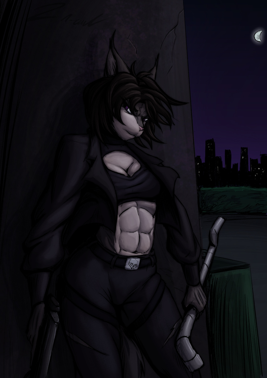 2023 abs absurd_res angry anthro athletic city city_background clothing cracked_wall dark_clothing dark_hair domestic_cat dumpster elwyna_(za-owl) felid feline felis female flowing_hair gun hair hi_res holding_object holding_weapon jacket looking_away mammal midriff moon muscular muscular_female night pipe purple_eyes ranged_weapon solo submachine_gun topwear wall_(structure) weapon wind za-owl