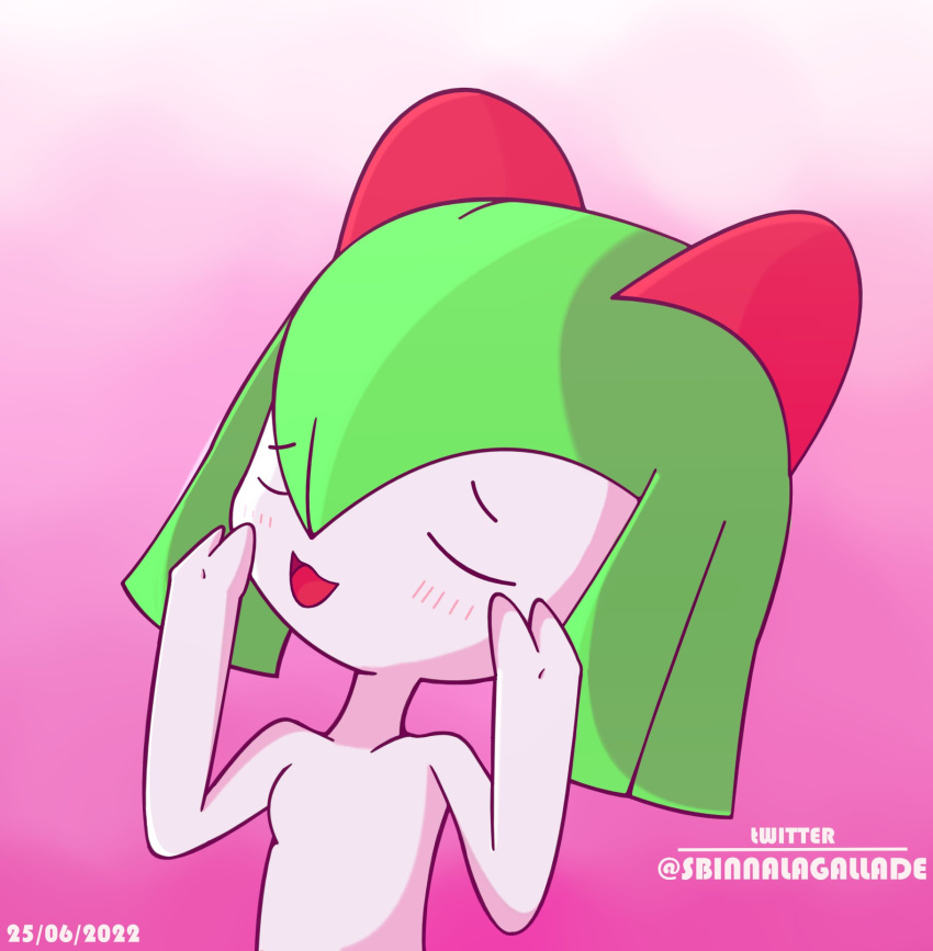 2022 2_fingers artist_name blush blush_lines dated eyes_closed female fingers flat_chested generation_3_pokemon green_hair hair half-length_portrait hi_res humanoid kirlia nintendo open_mouth pink_background pokemon pokemon_(species) portrait sbin short_hair simple_background solo young