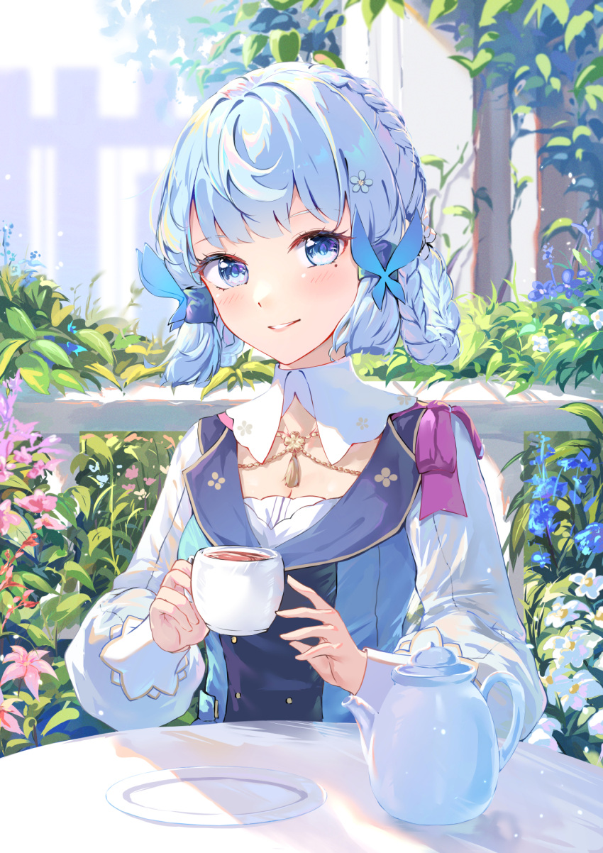 1girl bangs blue_bow blue_dress blue_eyes blue_flower blue_hair blush bow braid chahei cup detached_collar dress flower genshin_impact hair_bow highres kamisato_ayaka kamisato_ayaka_(springbloom_missive) light_blue_hair long_sleeves looking_at_viewer mole official_alternate_costume outdoors parted_lips sitting smile solo table teacup teapot white_flower