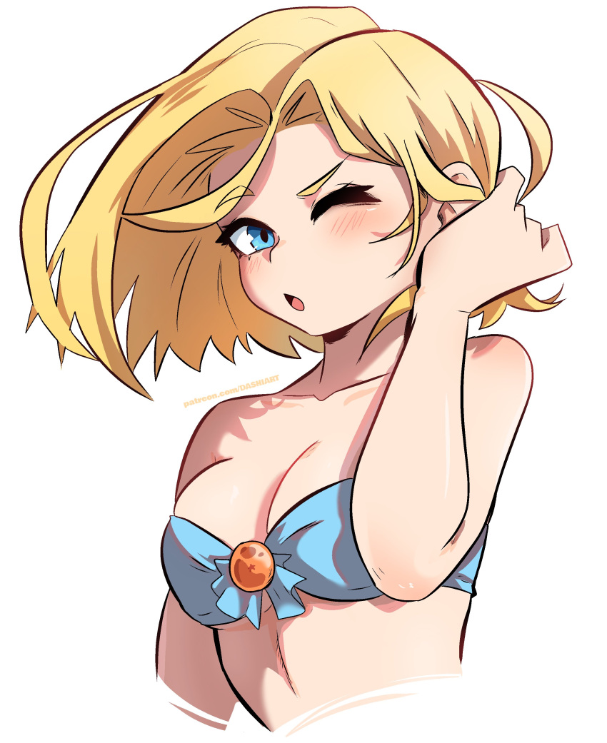 1girl ;o absurdres android_18 bikini blonde_hair blue_eyes blush breasts cleavage dashi dragon_ball dragon_ball_z earrings highres jewelry multicolored_shirt one_eye_closed open_mouth shirt short_hair simple_background small_breasts solo swimsuit upper_body white_background