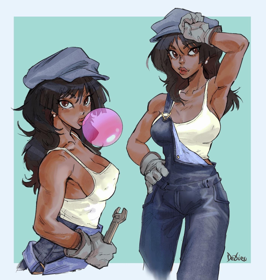 1girl aqua_background arm_up armpits atlantis:_the_lost_empire audrey_ramirez bangs black_hair blue_overalls border breasts brown_eyes bubble_blowing cleavage covered_nipples cowboy_shot dark-skinned_female dark_skin debirudude earrings gloves grey_gloves highres holding holding_wrench jewelry long_hair looking_at_viewer multiple_views overalls signature simple_background tank_top upper_body white_border white_tank_top wrench