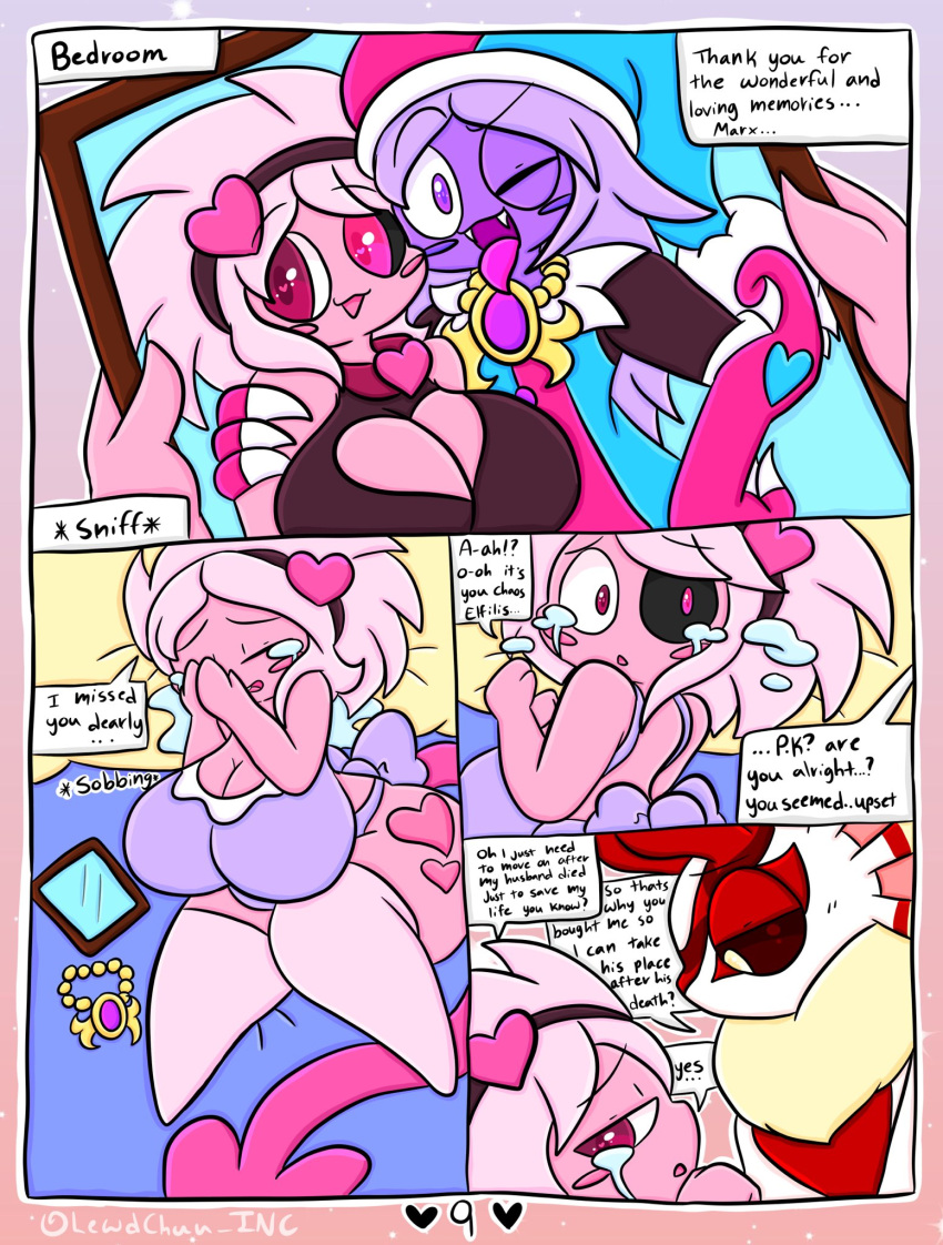 &lt;3 anthro big_breasts bodily_fluids breasts chaos_elfilis chinchilla chinchillid crying duo english_text female hi_res kirby_(series) kirby_and_the_forgotten_land lewdchuu_(artist) male male/female mammal marx_(kirby) nintendo p.k-98 pink_body purple_body rodent tears text white_body
