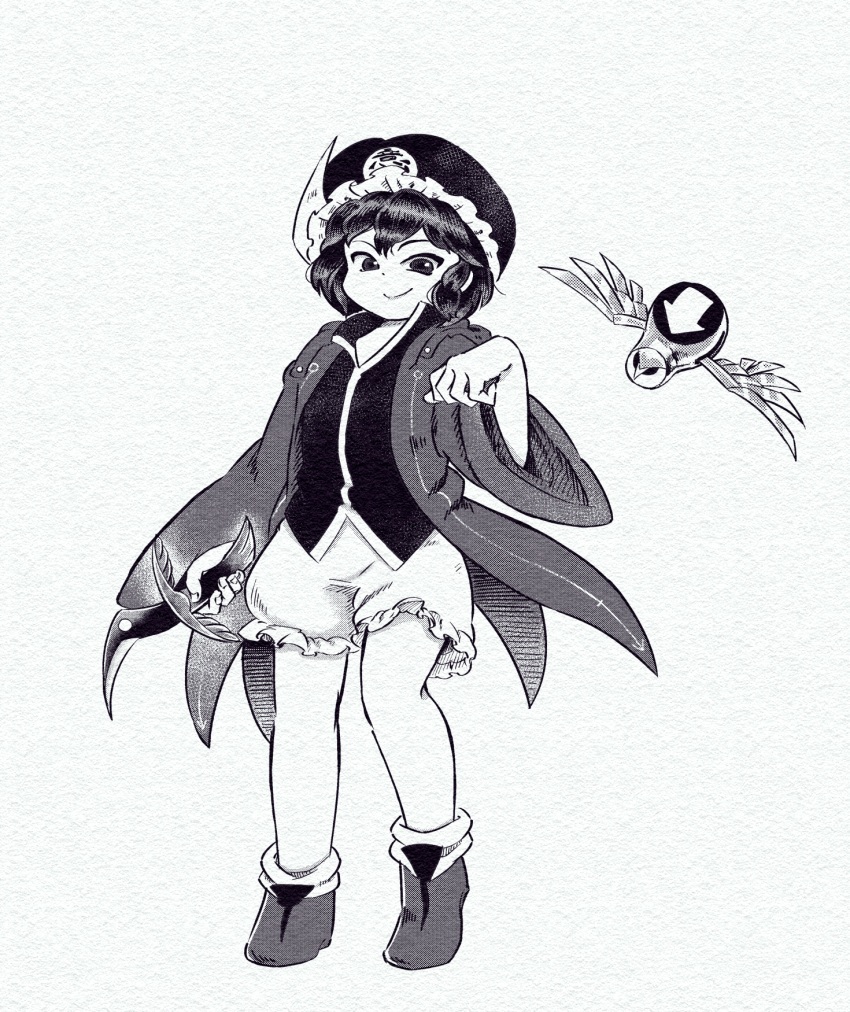 1other androgynous bangs chikafumikou closed_mouth coat collared_shirt commentary_request frilled_hat frilled_shorts frills full_body greyscale hand_up hat highres len'en long_sleeves monochrome open_clothes open_coat open_collar other_focus shirt shitodo_kuroji shoes short_hair shorts simple_background smile solo white_background