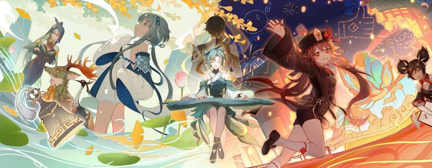 1boy 5girls absurdres aerial_fireworks architecture bangs bead_bracelet beads bell bird black_hair black_headwear black_shorts blue_eyes bracelet breasts brown_coat brown_hair chinese_clothes closed_eyes cloud_retainer_(genshin_impact) coat coattails crane_(animal) dark-skinned_female dark_skin detached_sleeves east_asian_architecture fireworks flower flower-shaped_pupils genshin_impact ginkgo_leaf grey_hair guizhong_(genshin_impact) guoba_(genshin_impact) hair_between_eyes hair_ornament hairpin hand_up hat hat_flower highres hu_tao_(genshin_impact) instrument jewelry lantern large_breasts leaf long_hair long_sleeves looking_at_viewer lotus madame_ping_(genshin_impact) mlcc_3190969461 moon_carver_(genshin_impact) mountain mountain_shaper_(genshin_impact) multicolored_hair multiple_girls multiple_rings music night paper_lantern playing_instrument plum_blossoms ponytail porkpie_hat red_eyes red_hair red_shirt ring sea_gazer_(genshin_impact) semi-rimless_eyewear shirt short_hair_with_long_locks short_shorts shorts sidelocks sky sky_lantern sleeves_past_fingers sleeves_past_wrists slime_(genshin_impact) streaked_hair symbol-shaped_pupils tassel teeth twintails two_side_up very_long_hair water wide_sleeves xinyan_(genshin_impact) yellow_eyes zhongli_(genshin_impact)