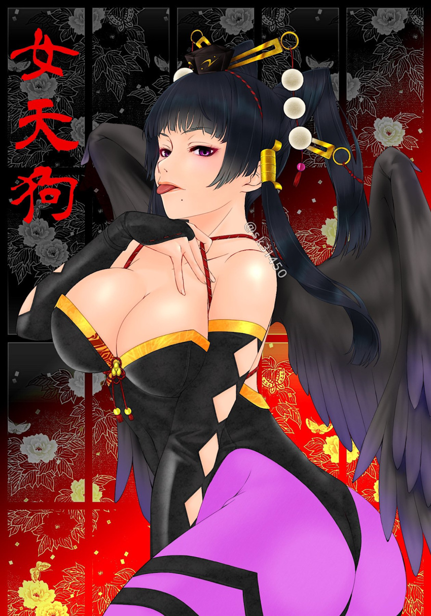 ass bangs black_background black_hair black_leotard black_wings blunt_bangs breasts character_name dead_or_alive dead_or_alive_5 elbow_gloves feathered_wings floral_background gloves hair_ornament hair_stick highres hime_cut large_breasts leggings leotard looking_at_viewer makeup mole mole_under_mouth nyotengu pantyhose purple_eyes red_background rope sk_(sk-g) sliding_doors tongue tongue_out twitter_username two-tone_background wings