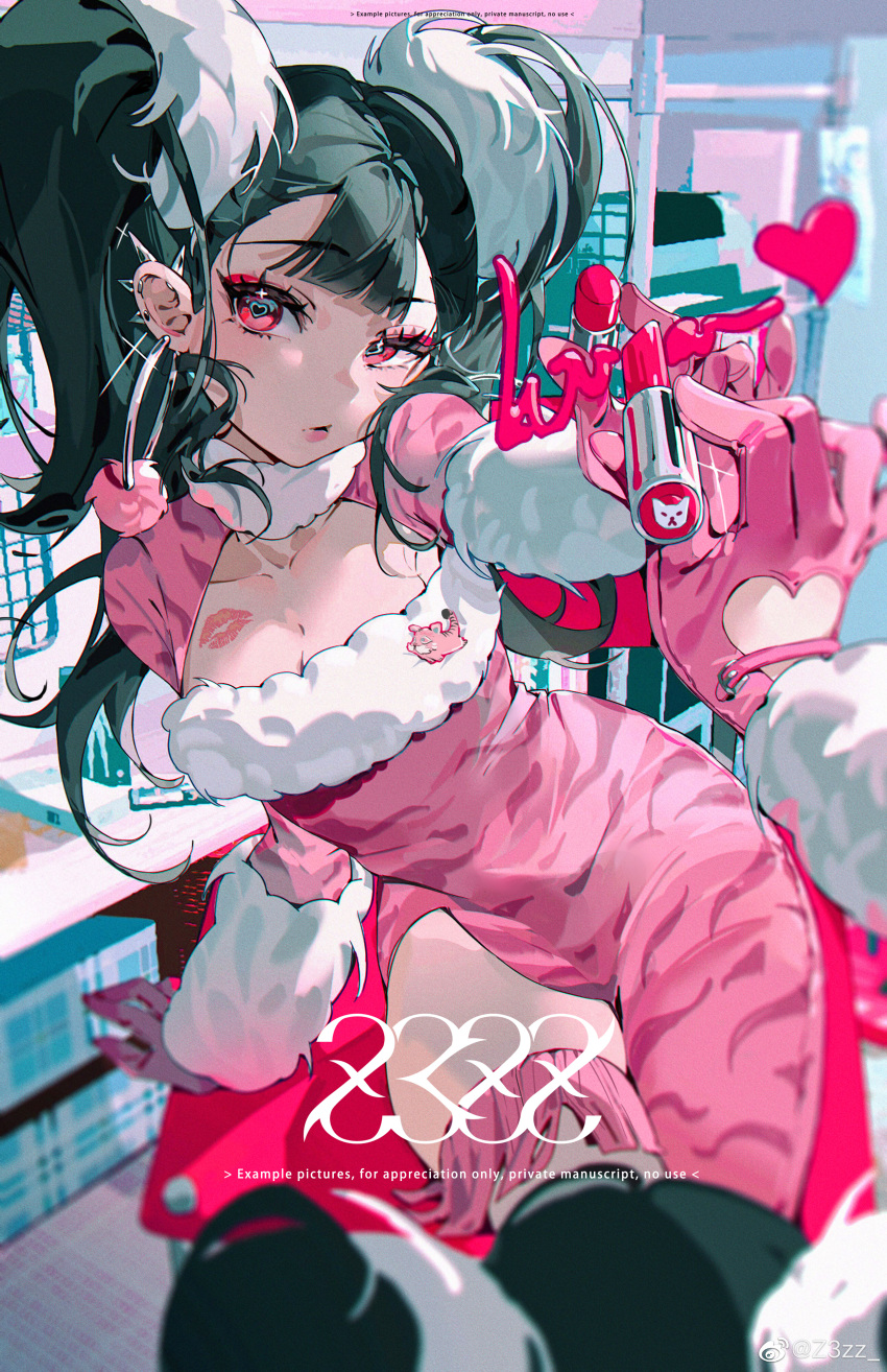 1girl absurdres asymmetrical_clothes black_hair breasts cleavage clothing_cutout commentary cosmetics ear_piercing glover gloves heart heart-shaped_pupils heart_cutout highres lipstick lipstick_mark lipstick_tube lipstick_writing looking_at_viewer makeup original piercing pink_gloves reflection single_pantsleg sitting solo symbol-only_commentary symbol-shaped_pupils twintails z3zz4