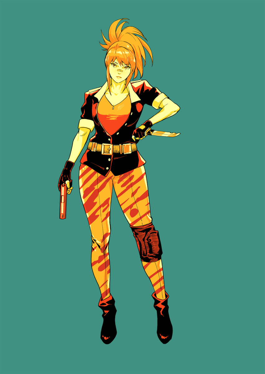 1girl aqua_background belt black_footwear black_jacket boots fingerless_gloves gloves gun highres holding holding_gun holding_knife holding_weapon jacket knee_pads knife leona_heidern limited_palette medium_hair orange_hair orange_pants orange_shirt pants ponytail print_pants shirt short_sleeves simple_background single_knee_pad snk solo suyinliao the_king_of_fighters weapon