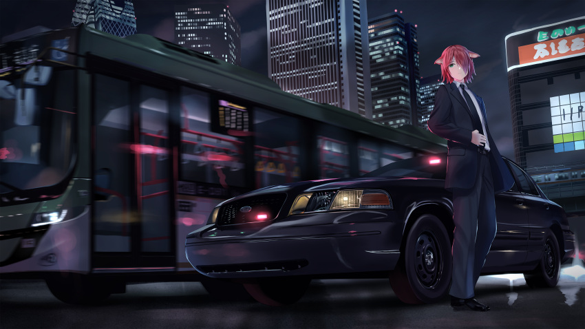 1other absurdres black_necktie black_pants black_suit building bus car closed_mouth ford_crown_victoria formal green_eyes ground_vehicle hair_over_one_eye highres medium_hair motor_vehicle necktie night original pant_suit pants png_pant_(bus) police_car red_hair shirt solo standing suit unmarked_police_car white_shirt