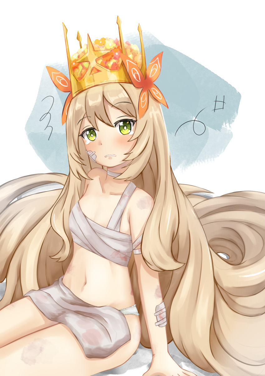 1girl absurdres bandages bare_arms bare_shoulders blackma_(pagus0012) blonde_hair celine_(fire_emblem) chest_sarashi collarbone commentary crown fire_emblem fire_emblem_engage green_eyes highres long_hair looking_at_viewer midriff navel panties sarashi sitting solo stomach thighs underwear very_long_hair white_panties