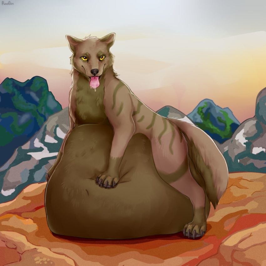 1:1 anthro belly big_belly black_nose bodily_fluids brown_body brown_fur canid cheek_tuft drooling facial_tuft full-length_portrait fur glistening glistening_eyes green_stripes head_tuft hi_res huge_belly looking_at_viewer lying male mammal no_sclera on_front outside pink_tongue portrait roobin saliva signature solo striped_body striped_fur stripes tongue tongue_out tuft vore yellow_eyes