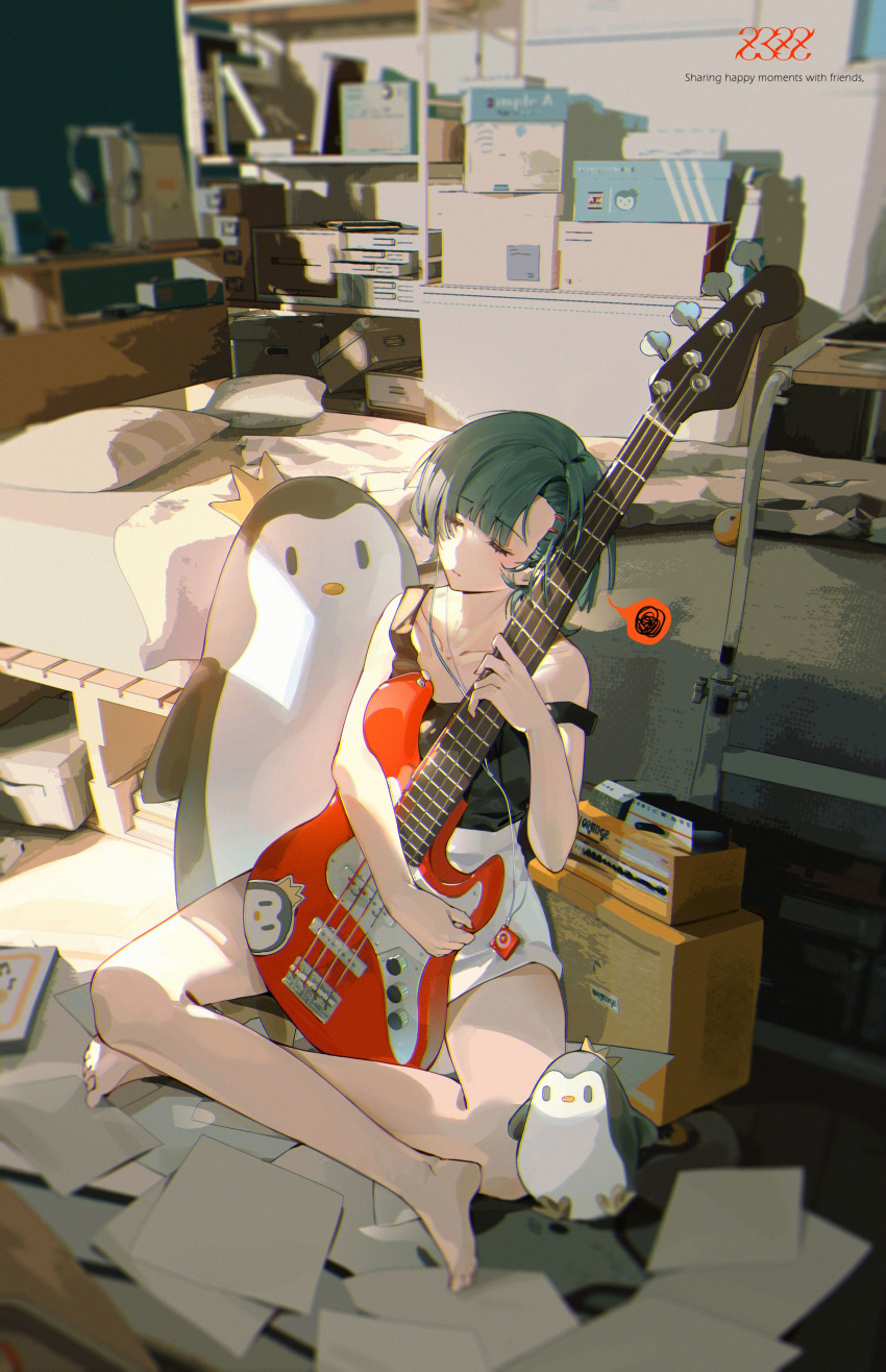 1girl absurdres asymmetrical_bangs bangs barefoot bed blunt_bangs closed_eyes closed_mouth collarbone crossed_legs digital_media_player green_hair guitar highres holding holding_instrument indian_style indoors instrument music original paper playing_instrument short_hair sitting spoken_object strap_slip stuffed_animal stuffed_penguin stuffed_toy z3zz4