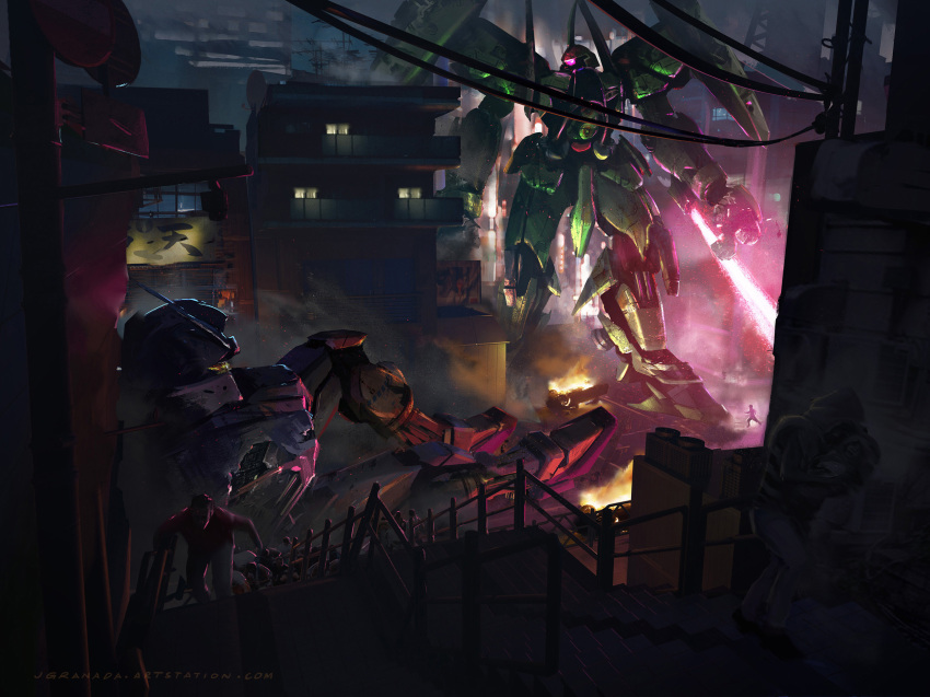 battle beam_saber building cityscape damaged defeat duel energy_beam fleeing gundam highres jgranada mecha mobile_suit night one-eyed original realistic robot science_fiction victory weapon wreckage