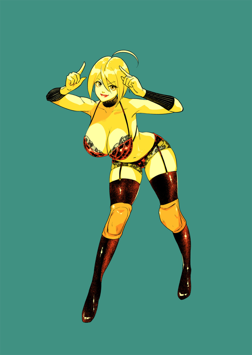 1girl ahoge angel_(kof) aqua_background arms_up black_choker black_footwear blonde_hair breasts choker cleavage full_body hair_between_eyes highres index_finger_raised large_breasts limited_palette looking_at_viewer navel short_hair simple_background smile snk solo standing suyinliao the_king_of_fighters thighhighs underwear underwear_only