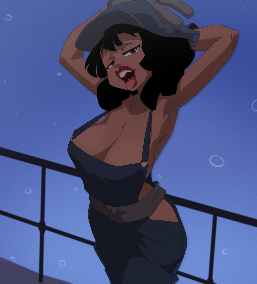 1girl absurdres armpits arms_behind_head atlantis:_the_lost_empire audrey_ramirez black_hair breasts cleavage cowboy_shot dark-skinned_female dark_skin highres inker_comics large_breasts looking_at_viewer medium_hair naked_overalls open_mouth overalls shadow solo strap_gap tongue tongue_out