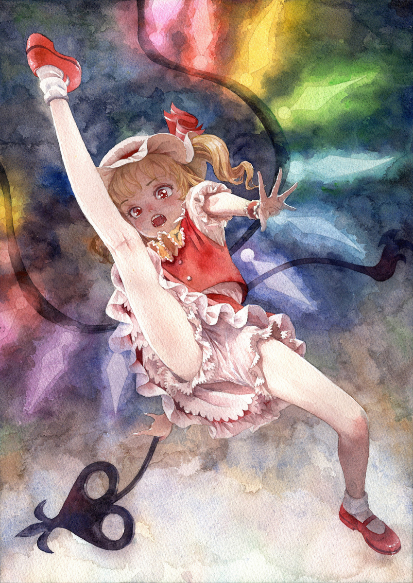 1girl ascot axe_kick bangs bare_legs blonde_hair bloomers crystal flandre_scarlet frilled_skirt frills hat highres laevatein_(touhou) misawa_hiroshi mob_cap multicolored_wings one_side_up open_mouth painting_(medium) puffy_sleeves red_eyes red_footwear red_skirt red_vest shirt short_hair short_sleeves skirt socks touhou traditional_media underwear vest watercolor_(medium) white_shirt white_socks wings