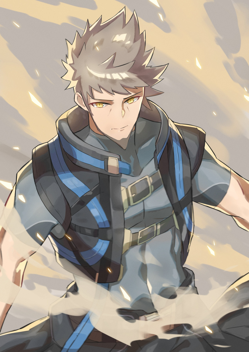 1boy absurdres beard belt brown_hair cropped_jacket dust facial_hair goatee highres looking_to_the_side marinosbas rex_(xenoblade) serious sideburns sleeveless sleeveless_jacket solo spiked_hair strap upper_body xenoblade_chronicles_(series) xenoblade_chronicles_3 yellow_eyes