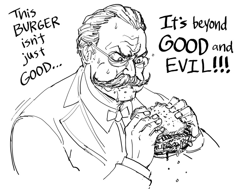 1boy absurdres bb_(baalbuddy) burger collared_shirt commentary cropped_torso eating english_commentary english_text facial_hair food friedrich_nietzsche glaring glasses greyscale highres holding holding_food long_sleeves monochrome mustache real_life shirt short_hair solo sweat upper_body