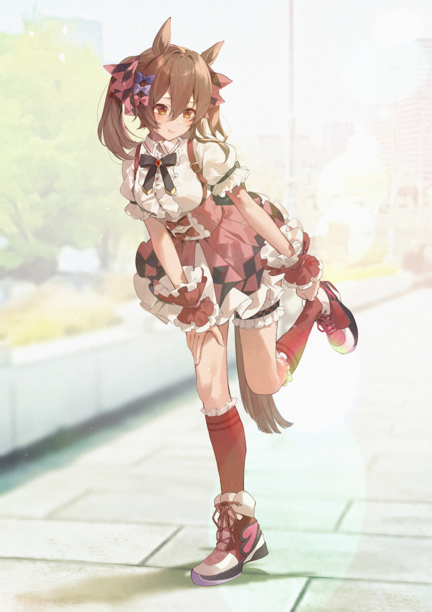 1girl absurdres adjusting_clothes adjusting_legwear animal_ears blush bow bowtie breasts bridal_garter brown_hair closed_mouth full_body glint hair_between_eyes hair_bow high-waist_skirt highres horse_ears horse_girl horse_tail kneehighs looking_down miniskirt orange_eyes pink_skirt red_socks shirt shoes short_sleeves skirt small_breasts smart_falcon_(umamusume) smile sneakers socks solo standing standing_on_one_leg suspender_skirt suspenders tail tongue tongue_out twintails umamusume white_shirt wrist_cuffs yogukasu