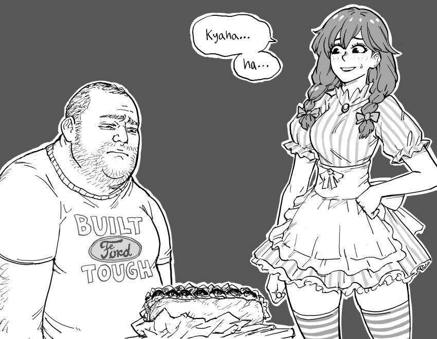1boy 1girl absurdres apron bb_(baalbuddy) dark_background english_text fat fat_man food greyscale highres monochrome obese original pinstripe_pattern sandwich short_twintails simple_background skirt speech_bubble striped twintails wendy's wendy_(wendy's)