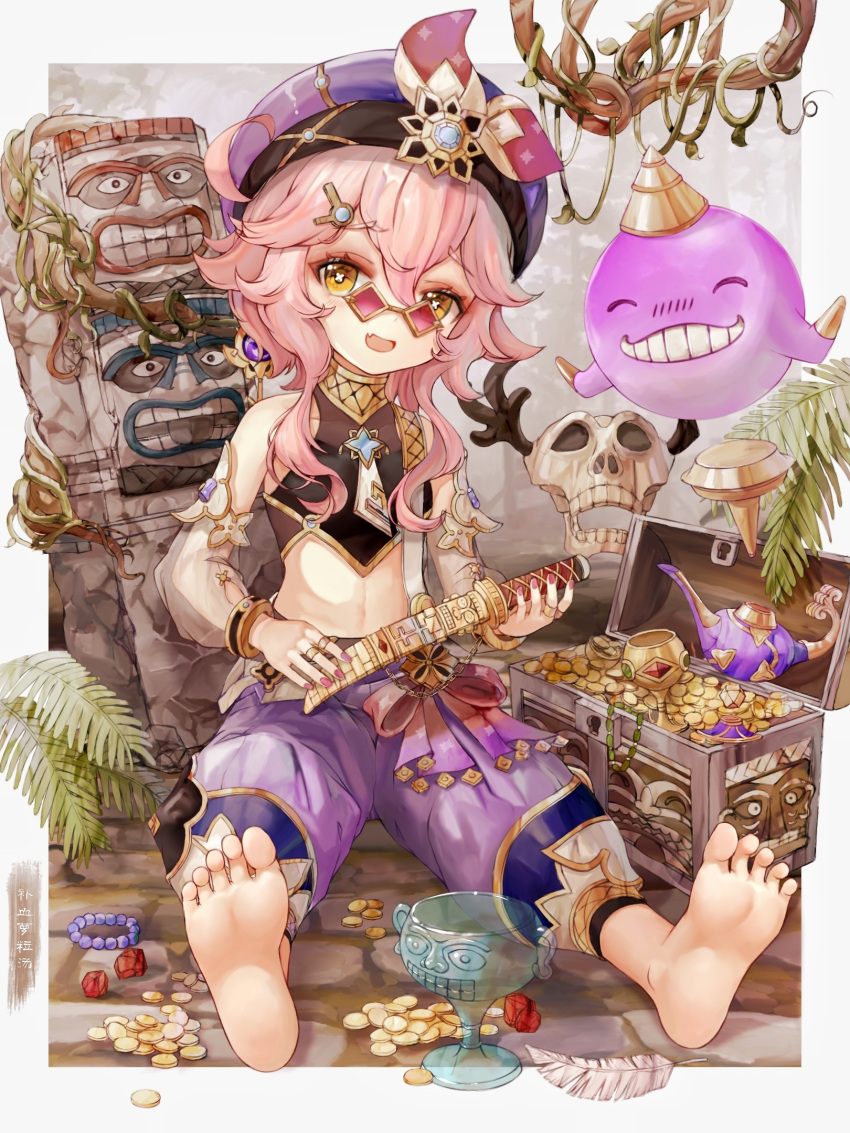 1girl bangs barefoot beret black_shirt blue_gemstone blush border branch buxue_luo_li_tang chalice child chinese_commentary chinese_text coin commentary_request cropped_shirt dagger detached_sleeves dori_(genshin_impact) fang feathers feet fingernails full_body gem genshin_impact glasses gold_coin gold_trim hair_between_eyes hair_ornament hairclip harem_pants hat highres holding holding_dagger holding_knife holding_weapon jewelry jinni_(genshin_impact) knife looking_at_viewer mask mask_removed midriff nail_polish oil_lamp on_ground open_mouth outside_border pants pince-nez pink-tinted_eyewear pink_hair pink_nails plant puffy_detached_sleeves puffy_pants puffy_sleeves purple_gemstone purple_headwear purple_pants red_gemstone ring see-through see-through_sleeves shirt short_hair_with_long_locks sidelocks skin_fang skull_mask soles sunglasses symbol-shaped_pupils tinted_eyewear toes translation_request treasure_chest variant_set vines weapon white_border white_feathers white_sleeves x-shaped_pupils yellow-framed_eyewear yellow_eyes
