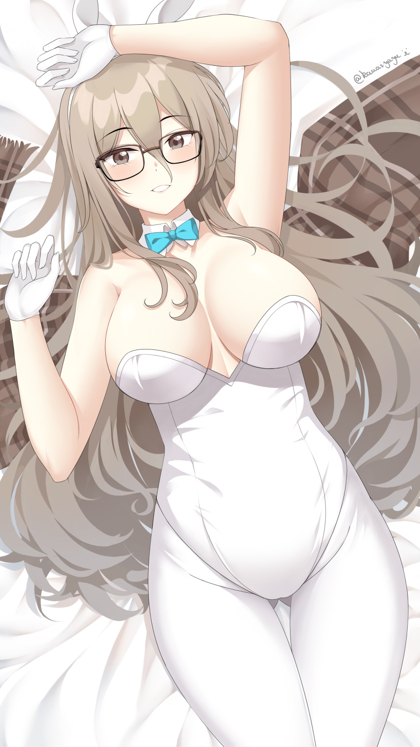 1girl :d absurdres akane_(blue_archive) akane_(bunny)_(blue_archive) animal_ears arm_up armpits bangs bare_shoulders bed_sheet blue_archive bow breasts brown_eyes brown_hair cleavage collarbone commentary_request detached_collar fake_animal_ears glasses gloves hair_between_eyes highleg highleg_leotard highres large_breasts leotard long_hair looking_at_viewer lying official_alternate_costume on_back pantyhose plaid plaid_scarf playboy_bunny rabbit_ears scarf sidelocks sleeveless smile solo strapless strapless_leotard white_gloves white_leotard white_pantyhose ying_yanyu