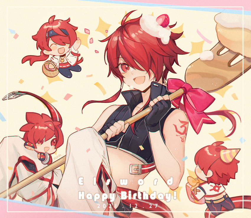 4boys dated elsword elsword_(character) fork happy_birthday highres holding holding_fork knight_(elsword) long_hair looking_at_viewer magic_knight_(elsword) male_focus multiple_boys multiple_persona oversized_food rar_(rmrs1227) red_eyes red_hair rune_master_(elsword) rune_slayer_(elsword) short_hair