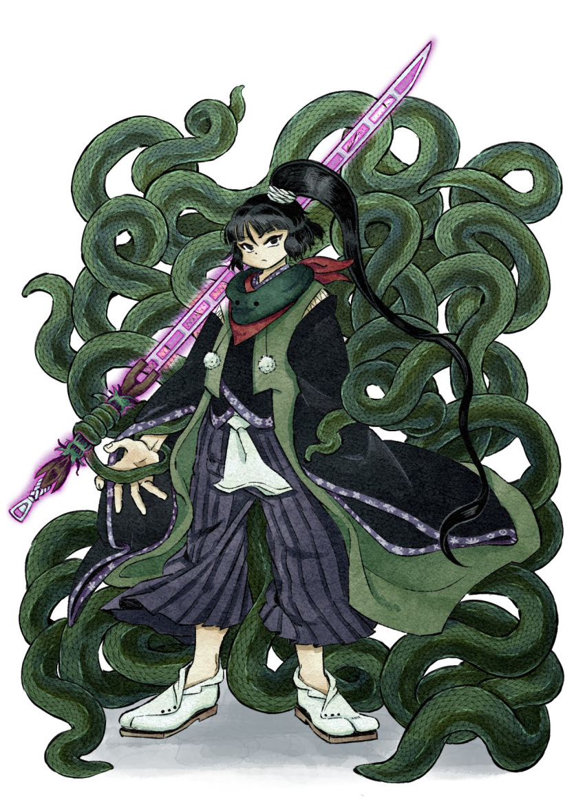 1other adagumo_no_yaorochi androgynous black_eyes black_hair black_sleeves chikafumikou green_scarf hakama hakama_pants highres holding holding_sword holding_weapon holding_with_tail japanese_clothes len'en long_hair multiple_tails pants prehensile_tail sandals scarf side_ponytail snake_tail solo sword tail tasouken weapon wide_sleeves