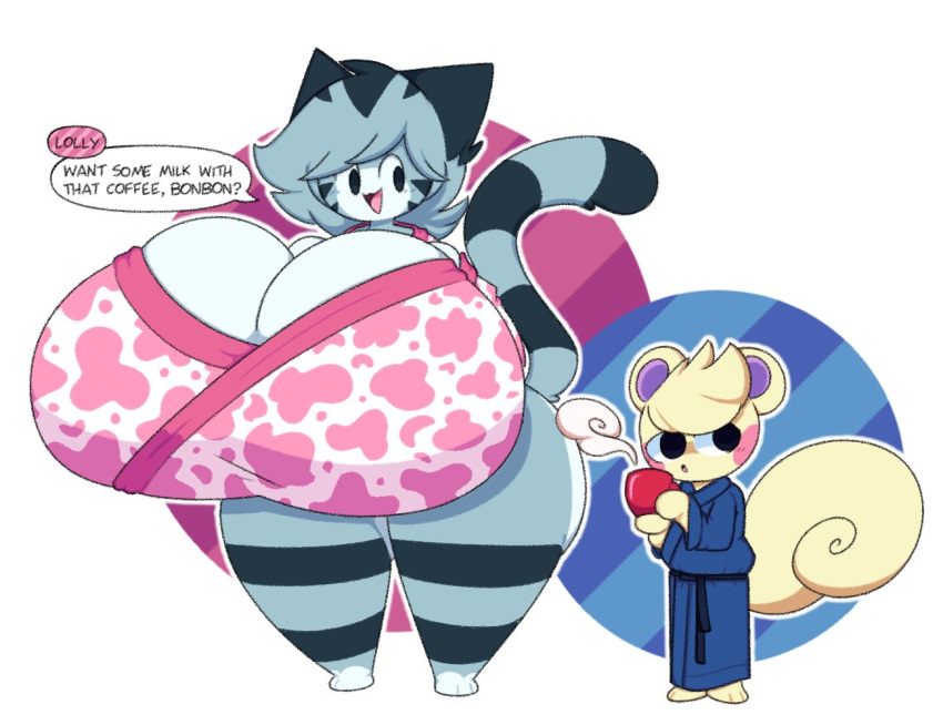 2021 animal_crossing anthro asian_clothing beady_eyes beverage big_breasts blowing breasts clothed clothing coffee coffee_cup coffee_mug container cup dewy-eyedboy dialogue digital_drawing_(artwork) digital_media_(artwork) domestic_cat duo east_asian_clothing english_text eyelashes felid feline felis female fully_clothed fur grey_body grey_fur grey_hair hair huge_breasts hyper japanese_clothing kimono lolly_(animal_crossing) male mammal marshal_(animal_crossing) nintendo pantsless pink_clothing rodent sciurid standing text tree_squirrel white_body white_fur white_hair