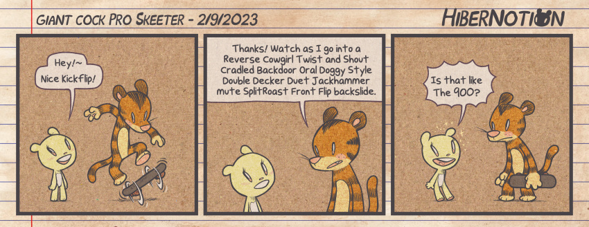 2023 3_toes 4_fingers absurd_res ambiguous_gender anthro bear comic dated dialogue digital_media_(artwork) duo english_text eyelashes feet felid female fingers fur hi_res hibernotion hibernotion_(comics) holding_object holding_skateboard kickflip mammal open_mouth open_smile orange_body orange_fur pantherine simple_background skateboard smile speech_bubble stripes sunny_bear tail teeth text tiger toes tongue white_body white_fur yellow_body yellow_fur