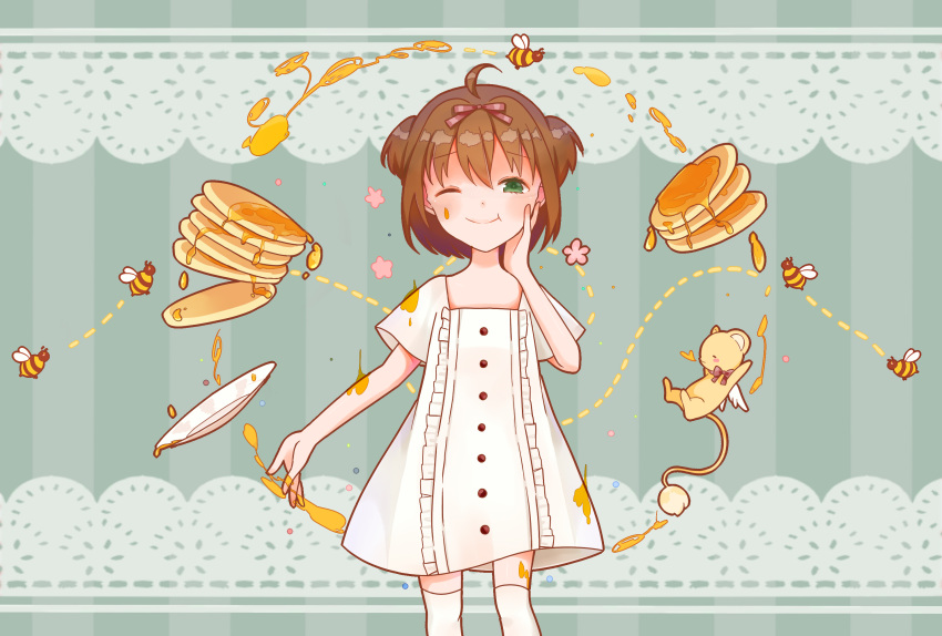 1girl ahoge animal bee brown_hair bug buttons cardcaptor_sakura cerberus closed_mouth commentary creature dotted_line double_bun dress floating floating_object flower flower_(symbol) flying food food_on_face frilled_dress frills green_eyes grey_background hair_between_eyes hair_bun hair_ribbon hand_on_own_cheek hand_on_own_face heart highres honey inuinu-s kerberos kinomoto_sakura kneehighs lace_trim liquid long_tail looking_at_viewer one_eye_closed open_mouth pancake pancake_stack pink_flower plate ribbon short_hair short_sleeves socks stained_clothes striped striped_background symbol-only_commentary tail two-tone_background two_side_up vertical_stripes white_dress white_socks