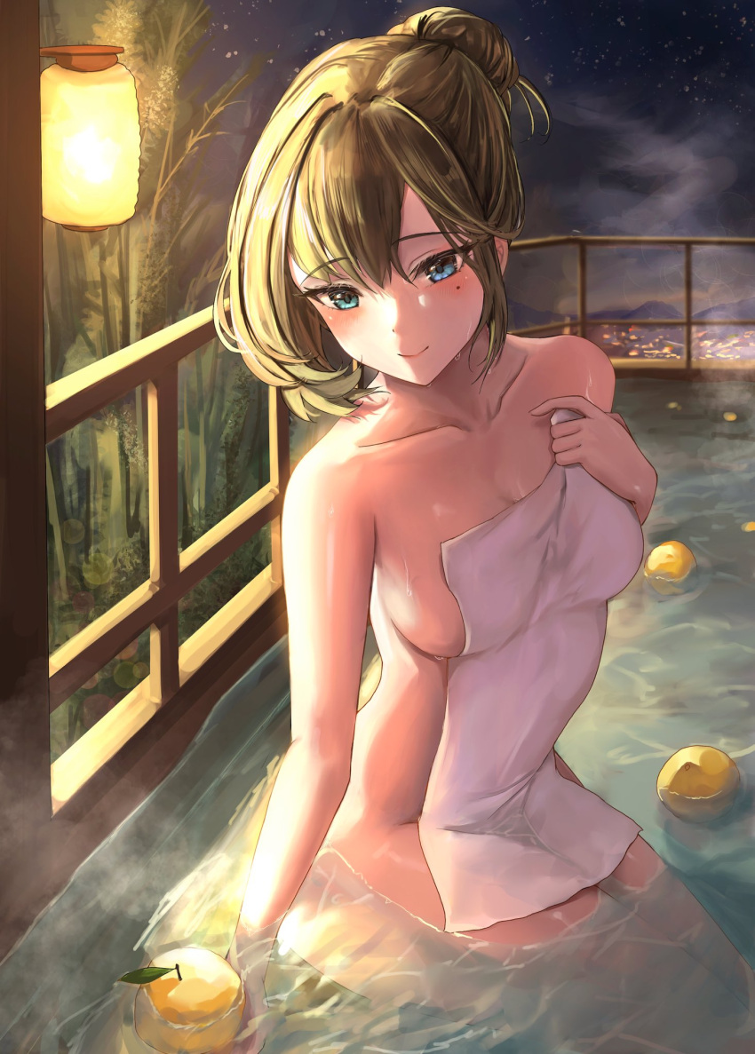 1girl bath blush breasts collarbone covering fruit_on_liquid green_hair hair_bun heterochromia highres idolmaster idolmaster_cinderella_girls lantern medium_breasts mole mole_under_eye night night_sky nude_cover nyome991 ofuro paper_lantern single_hair_bun single_sidelock sitting sky smile solo takagaki_kaede water_drop