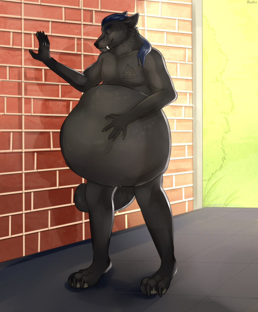 animated anthro belly big_belly black_nose blue_hair brick_wall canid closed_smile dark_body dark_fur duo eyes_closed fur glistening glistening_hair grey_body grey_fur hair hand_on_stomach hi_res huge_belly inside_stomach male mammal mouth_closed nude paw_imprint roobin short_playtime signature solo_focus standing tail tail_motion tailwag vore wall_(structure)
