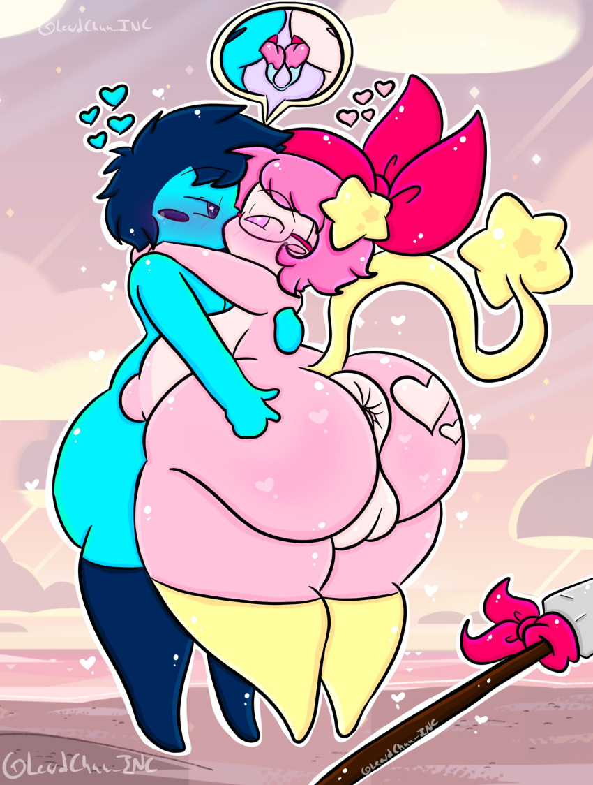 &lt;3 anthro anus bandana_waddle_dee bandanna big_breasts big_butt blue_body blue_hair breasts butt duo eyewear female french_kissing genitals glasses hair hi_res huge_breasts huge_butt kerchief kirby_(series) kissing lewdchuu_(artist) male male/female melee_weapon nintendo pink_body pink_eyes pink_hair polearm pussy spear tongue waddle_dee weapon