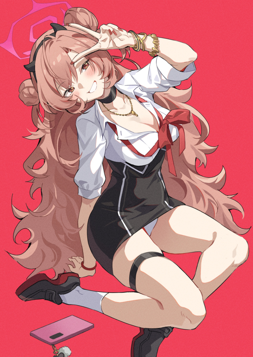 1girl arm_support black_choker black_footwear black_hairband black_skirt blue_archive blush bracelet breasts cellphone choker cleavage double_bun fingernails hair_bun hairband halo highres horns hoshiko_(419401x) jewelry kirara_(blue_archive) large_breasts long_hair looking_at_viewer nail_polish phone red_background red_eyes red_hair red_nails shirt shoes simple_background sitting skirt smile socks thighs undone_bowtie v white_shirt white_socks