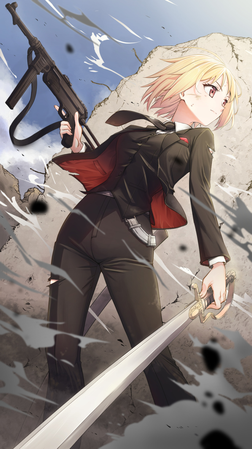 alternate_costume black_necktie black_pants black_suit blonde_hair blue_sky breasts brown_eyes cloud commission concrete debris dust dust_cloud feet_out_of_frame formal girls'_frontline gun highres holding holding_sword holding_weapon looking_to_the_side medium_breasts mp40 mp40_(girls'_frontline) necktie non-web_source pants rubble saber_(weapon) scabbard sheath shirt skeb_commission sky submachine_gun suit sweat sword tarutaru_gungun torn_clothes weapon white_shirt