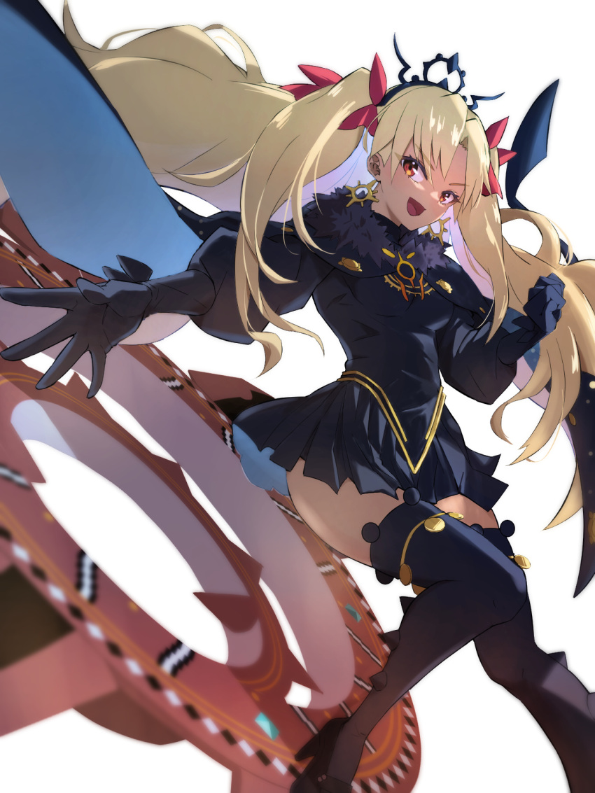 1girl bangs black_dress black_gloves black_tiara blonde_hair breasts cape dress earrings ereshkigal_(fate) ereshkigal_alter_(fate) fate/grand_order fate_(series) fur-trimmed_cape fur_trim gloves hamao_1 highres hoop_earrings infinity jewelry long_hair long_sleeves looking_at_viewer medium_breasts meslamtaea_(weapon) open_mouth parted_bangs red_eyes simple_background skull smile spine thighhighs tiara twintails