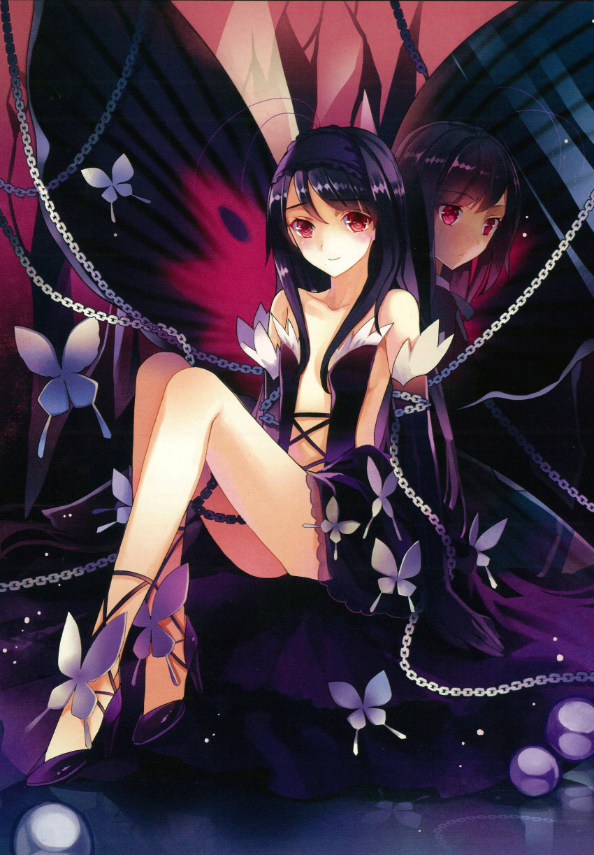 absurdres accel_world black_dress black_hair black_lotus_(accel_world) butterfly_wings chain dress elbow_gloves gloves high_heels highres kuroyukihime long_hair red_eyes wings