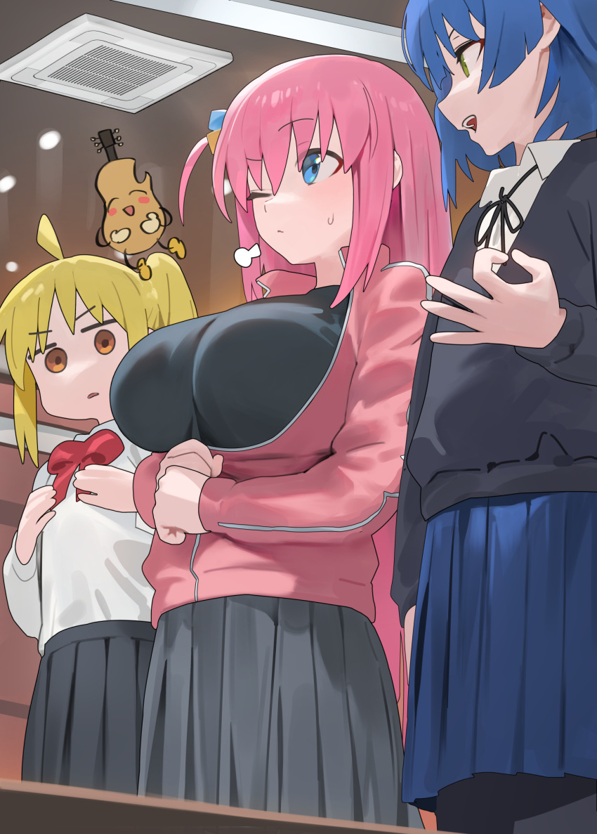 3girls ahoge black_skirt blonde_hair blue_eyes blue_hair blue_skirt bocchi_the_rock! breast_envy breasts brown_eyes cube_hair_ornament flat_chest gotou_hitori green_eyes hair_ornament hands_on_own_chest highres hood_(james_x) ijichi_nijika indoors jacket large_breasts long_hair long_sleeves looking_at_another multiple_girls one_eye_closed open_mouth parted_lips pink_hair pink_jacket pleated_skirt shirt short_hair skirt white_shirt yamada_ryou
