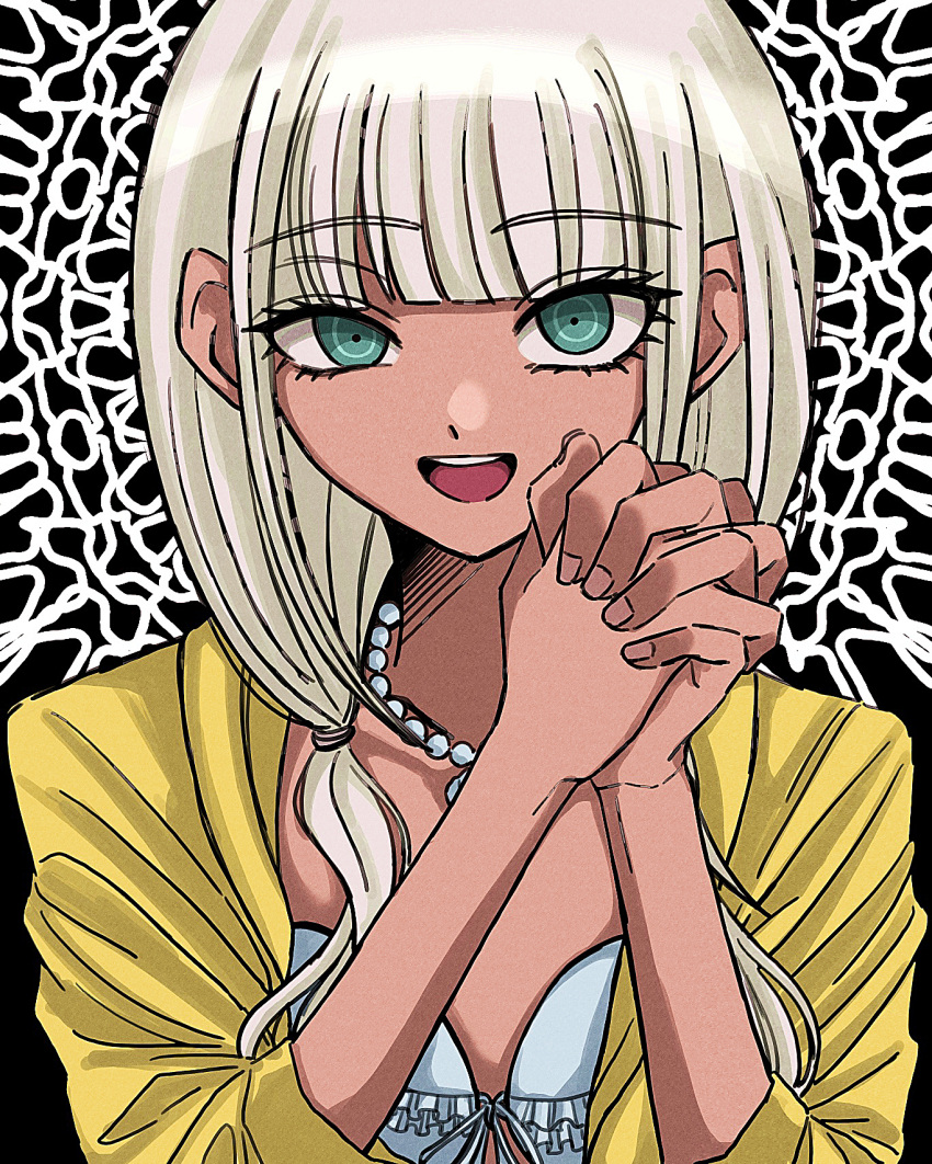 1girl bikini danganronpa_(series) danganronpa_v3:_killing_harmony dark-skinned_female dark_skin green_eyes highres jacket jewelry light_smile long_hair looking_at_viewer low_twintails necklace open_mouth own_hands_clasped own_hands_together portrait shell_necklace solo swimsuit teeth twintails upper_teeth_only user_puar3433 white_bikini white_hair yellow_jacket yonaga_angie