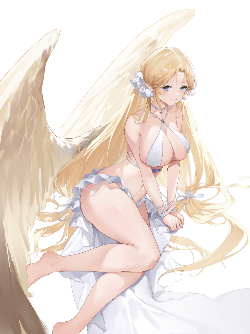 1girl absurdres ano_(madoka23) azur_lane bangs bare_legs bare_shoulders barefoot bikini blonde_hair blue_eyes blush bound bound_wrists breasts brest_(azur_lane) brest_(marine_muse)_(azur_lane) choker closed_mouth criss-cross_halter elf feathered_wings feet foot_out_of_frame halterneck highres leaning_to_the_side legs long_hair looking_at_viewer low_twintails official_alternate_costume pendant_choker pointy_ears reclining ribbon sidelocks simple_background skindentation skirt smile solo stomach string_bikini swimsuit twintails very_long_hair white_background white_bikini white_choker white_ribbon white_skirt wings yellow_wings