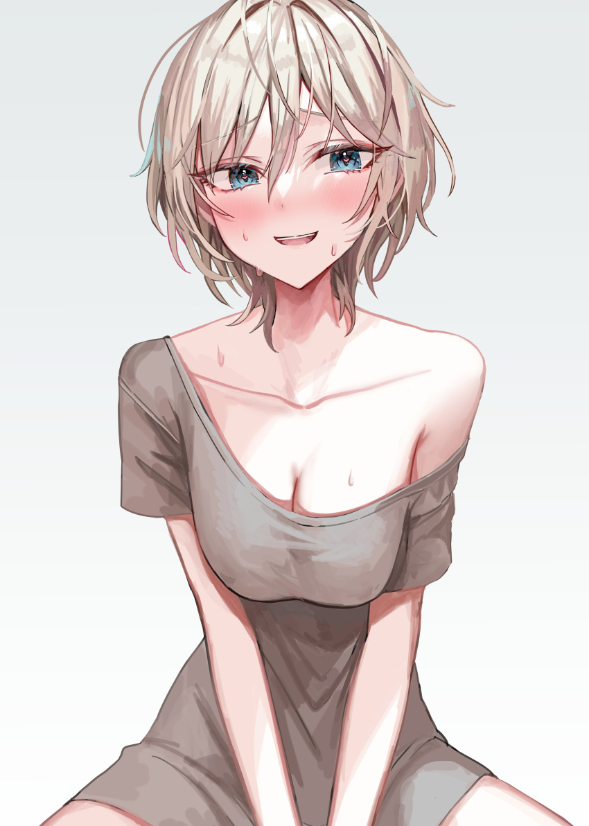 1girl absurdres anastasia_(idolmaster) blush breasts cleavage collarbone full-face_blush grey_shirt heart heart-shaped_pupils highres idolmaster idolmaster_cinderella_girls looking_at_viewer medium_breasts own_hands_together rum_raisin_(chihiromakita19) shirt simple_background single_bare_shoulder smile solo sweatdrop symbol-shaped_pupils teeth upper_teeth_only white_background white_hair