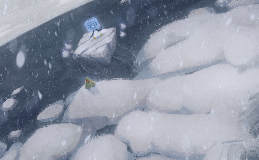 bird cloud cloudy_sky eiscue eiscue_(ice) grey_sky highres ice ice_cube iceberg kilineko no_humans ocean outdoors penguin pokemon pokemon_(creature) sitting sky snorunt snow snowing water