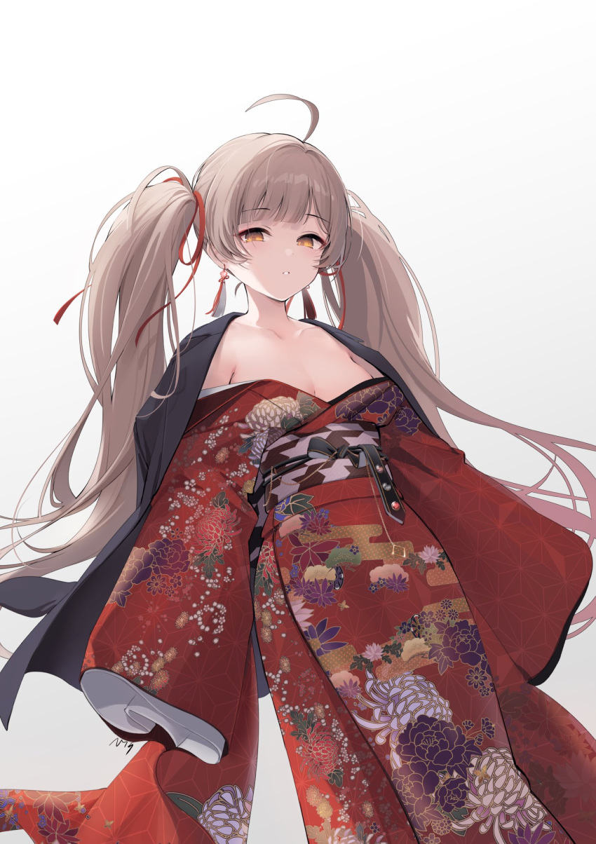 1girl :o ahoge bangs black_jacket blunt_bangs breasts cleavage collarbone empty_eyes floral_print hakozaki_serika highres idolmaster idolmaster_million_live! idolmaster_million_live!_theater_days jacket jacket_on_shoulders japanese_clothes kimono kimono_pull light_brown_hair long_hair looking_at_viewer medium_breasts nys obi red_kimono sash simple_background sleeves_past_fingers sleeves_past_wrists solo twintails very_long_hair white_background