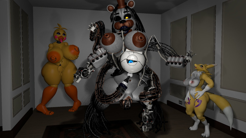 animatronic anthro areola atlas_(portal) avian bandai_namco bear big_areola big_breasts big_butt big_nipples bird breasts butt canid canine chica_(fnaf) chicken clothing detailed_background digimon digimon_(species) entangled female five_nights_at_freddy's five_nights_at_freddy's_2 fox freddy_fazbear's_pizzeria_simulator galliform gallus_(genus) genitals group hat headgear headwear hi_res humanoid inside josh-u4 machine male male/female mammal molten_freddy_(fnaf) nipples nude phasianid pussy renamon robot robot_humanoid scottgames size_difference standing tentacle_arms tentacles tongue tongue_out toy_chica_(fnaf)