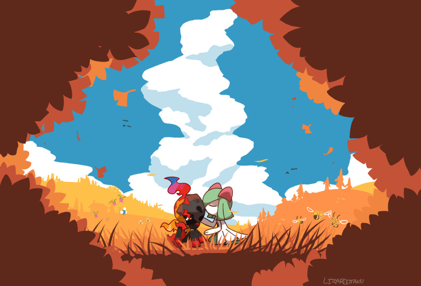 artist_name autumn blue_sky charcadet cloud combee day highres hoppip jumpluff kirlia kiss kissing_forehead lizardotaku no_humans outdoors pokemon pokemon_(creature) sky