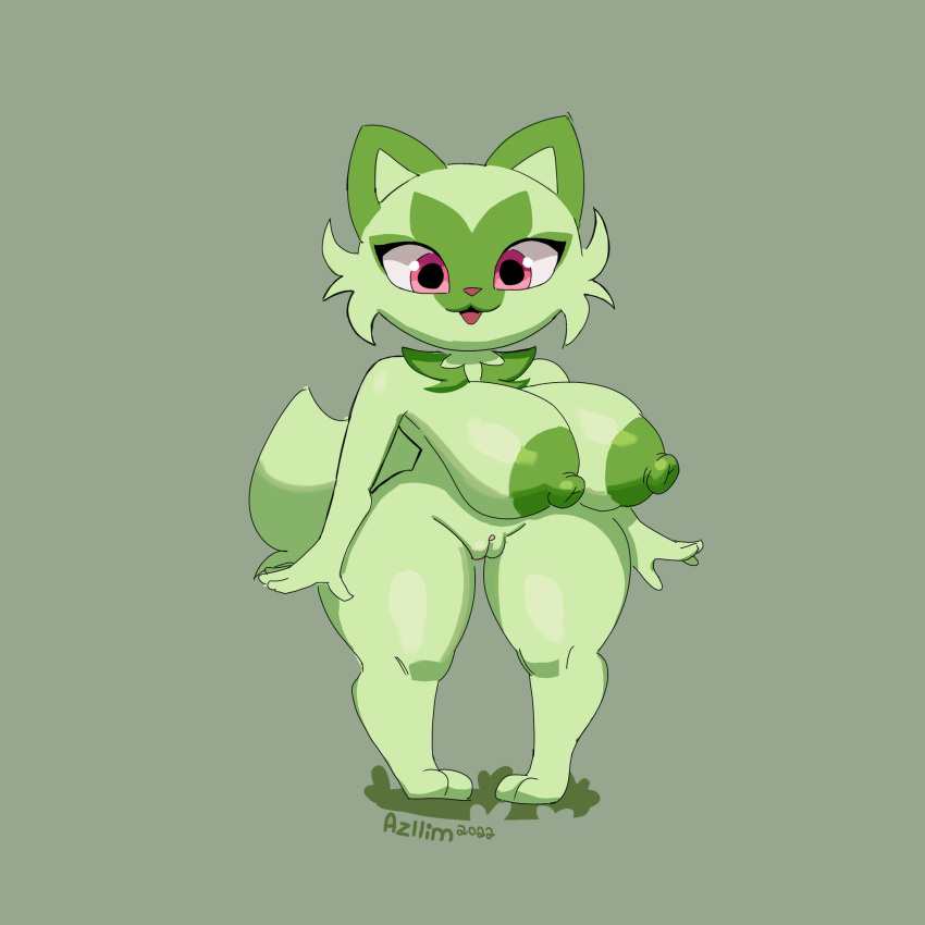 anthro areola azllimaz big_breasts breasts cheek_tuft facial_markings facial_tuft female fur generation_9_pokemon genitals green_areola green_background green_body green_fur green_nipples head_markings hi_res huge_breasts markings nintendo nipples nude open_mouth pink_eyes pokemon pokemon_(species) pussy simple_background solo sprigatito thick_thighs tuft wide_hips
