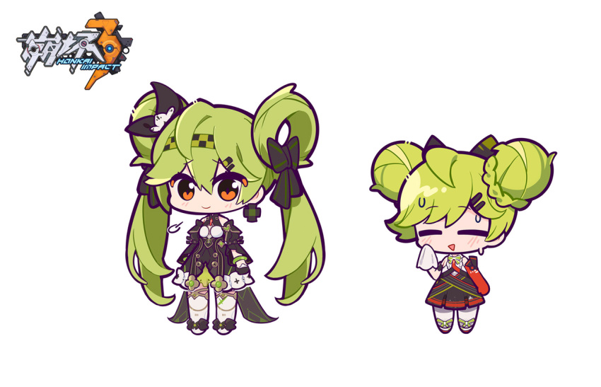 2girls :&gt; ai-chan_(chrono_navi)_(honkai_impact) ai-chan_(honkai_impact) bangs black_bow black_skirt blush bow braid chibi closed_eyes closed_mouth commentary_request copyright_name double_bun elbow_gloves gloves green_hair hair_between_eyes hair_bow hair_bun hair_ornament hair_rings hairclip honkai_(series) honkai_impact_3rd meadow_(morphinecaca) multiple_girls pleated_skirt red_eyes red_gloves shirt shoes simple_background single_glove skirt sleeveless sleeveless_shirt striped striped_bow thighhighs triangle_mouth twintails watermark white_background white_footwear white_shirt white_thighhighs