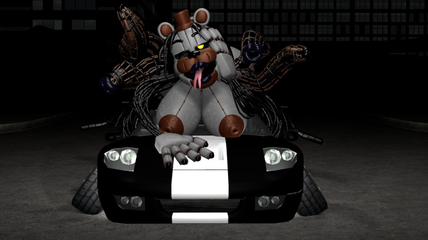 animatronic anthro areola bear big_areola big_breasts breasts car clothing detailed_background female five_nights_at_freddy's freddy_fazbear's_pizzeria_simulator hat headgear headwear hi_res josh-u4 machine mammal metal_tentacles molten_freddy_(fnaf) night robot scottgames solo street tentacle_arms tentacles tongue tongue_out vehicle